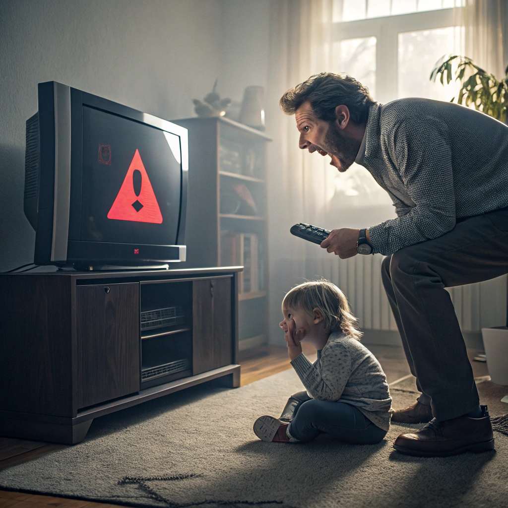 Um pai nervoso tentando consertar a TV